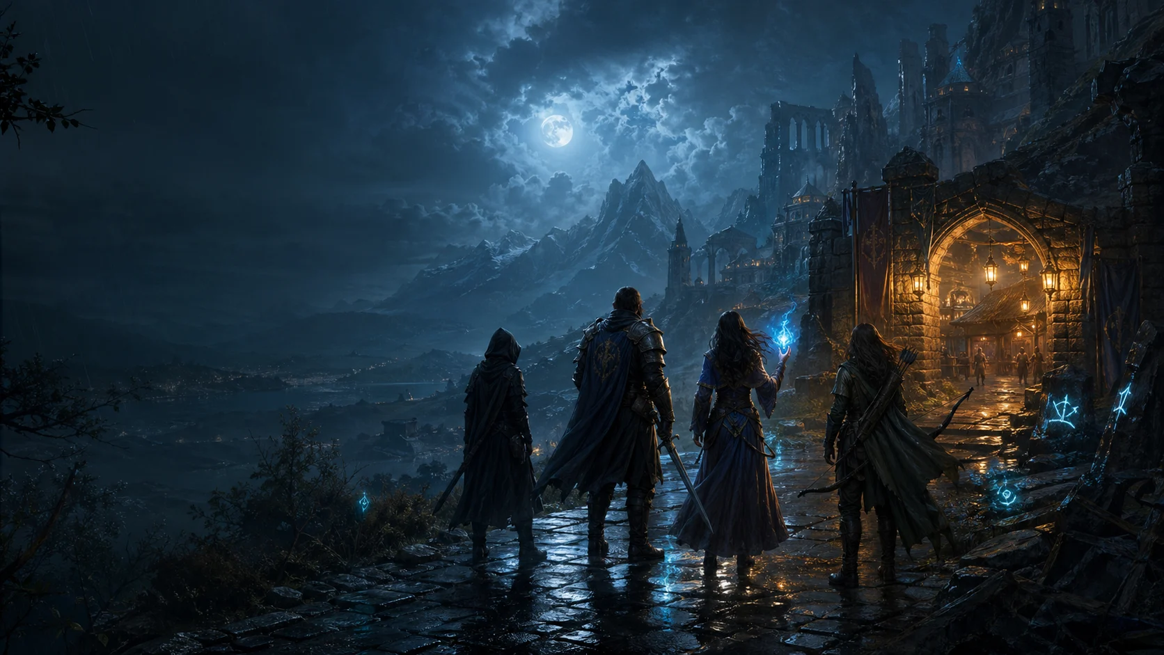 Adventurers approach a lantern-lit fantasy city beneath a stormy moon.